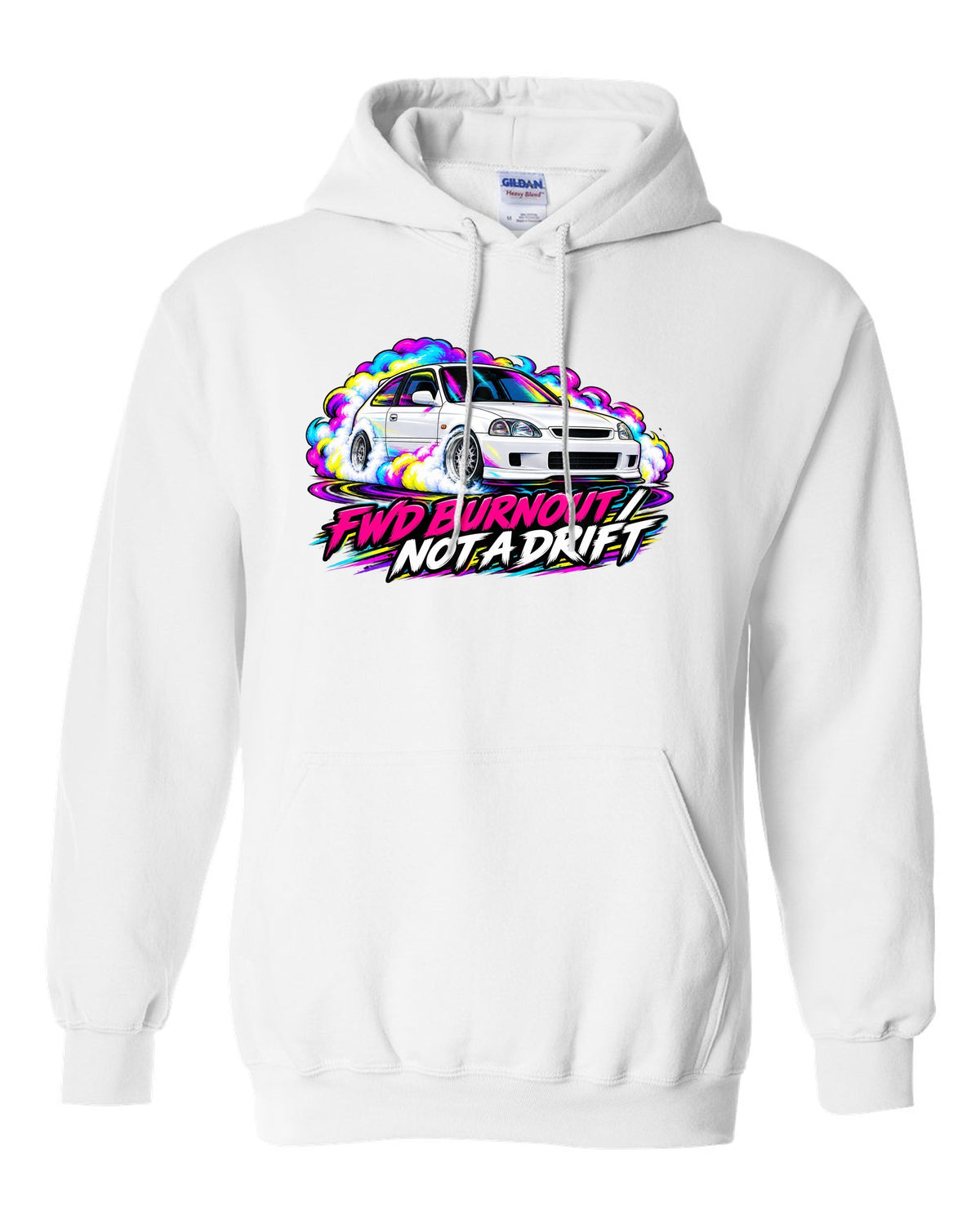 Neon pop style print of a Honda Civic Type R EK9 doing a FWD burnout with not a drift text white pull over hoodie front view with the design