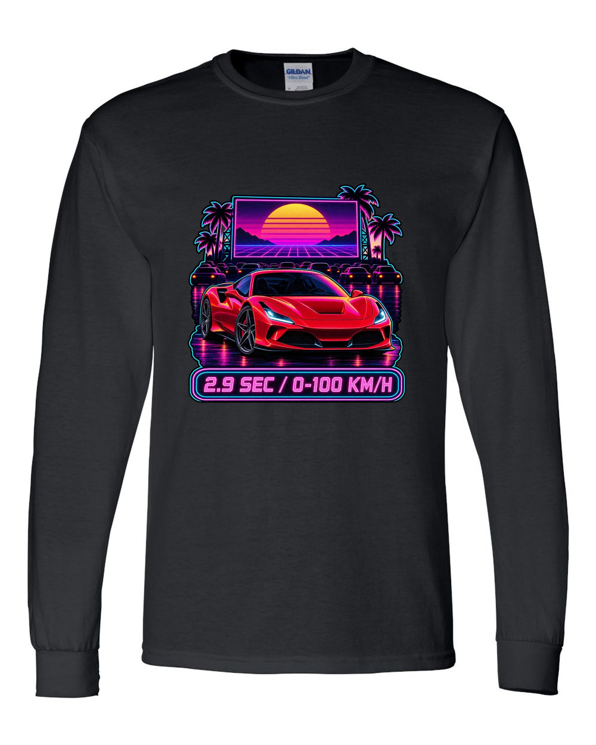 Synthwave outrun drive-in scene with Ferrari F8 Tributo and 2.9 sec text black long sleeve front view with the design