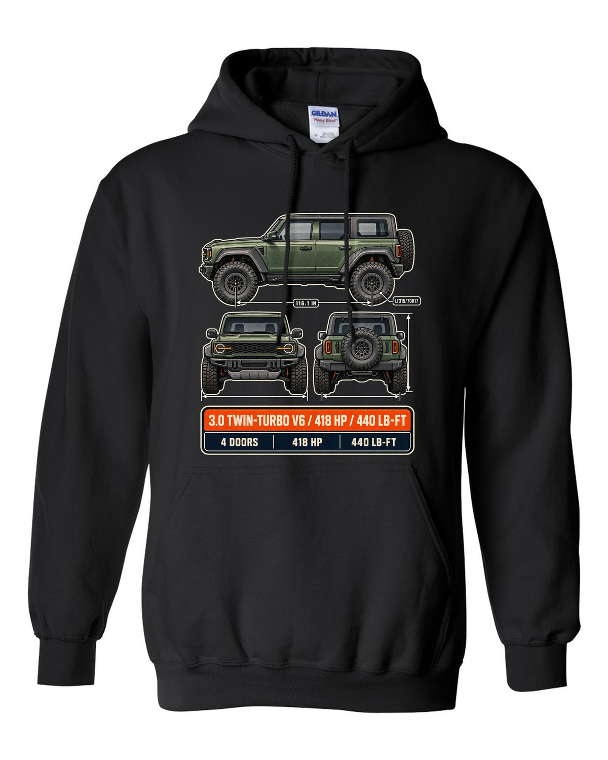 Ford Bronco Raptor three-view drawing with spec table print black pull over hoodie front view with the design