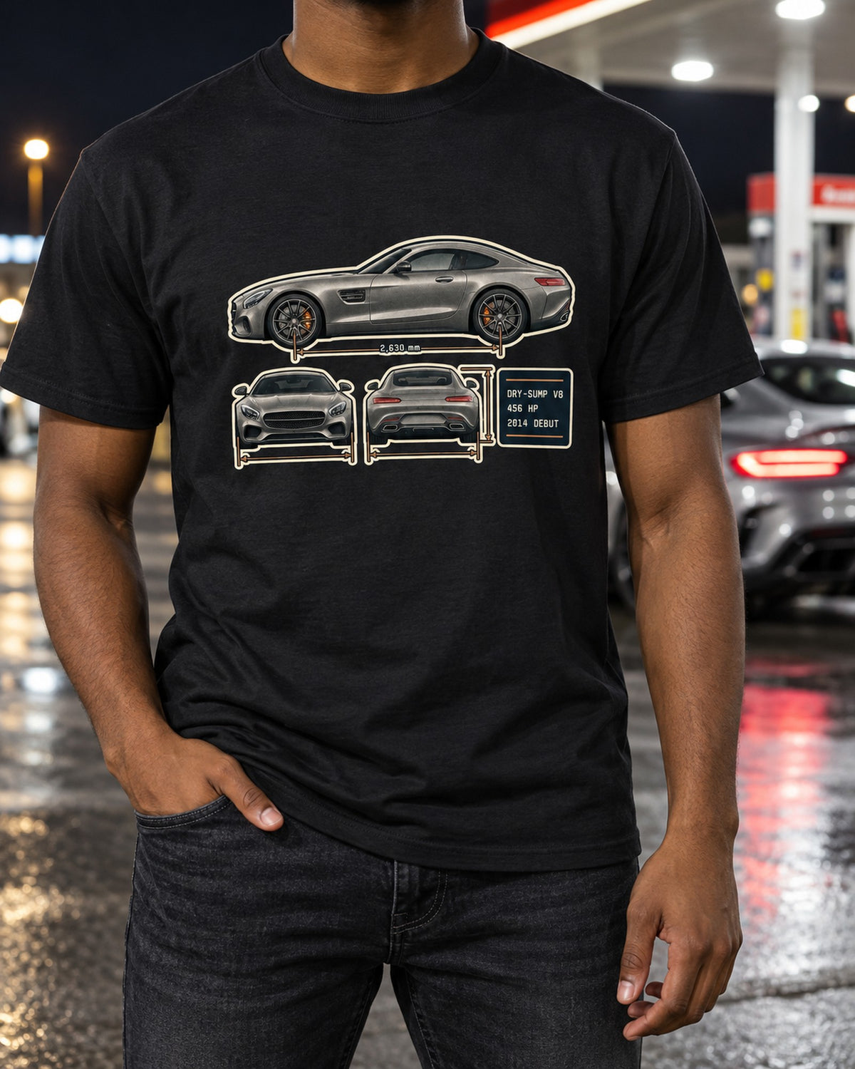 Mercedes-AMG GT C190 Three-View Spec Table Tee, 2014 Debut T-Shirt Black worn hero