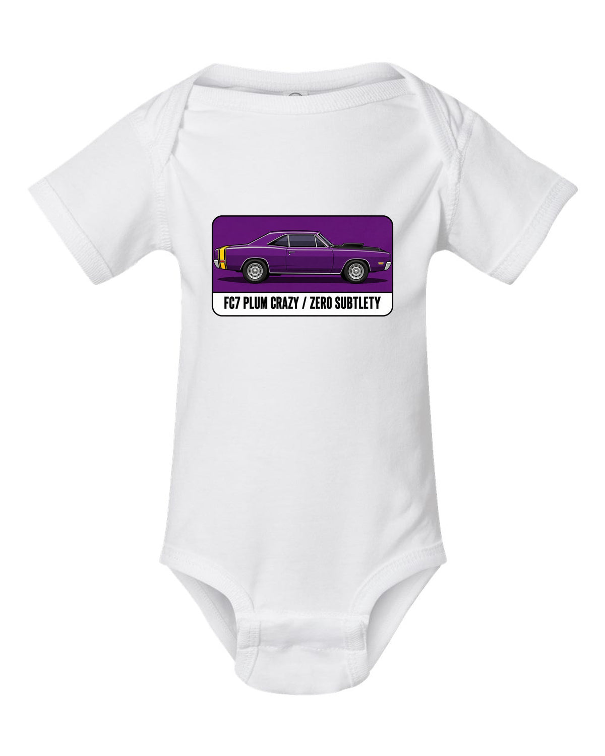 Pantone-style swatch print of a 1969 Dodge Coronet Super Bee in Plum Crazy white baby onesie front view with the design