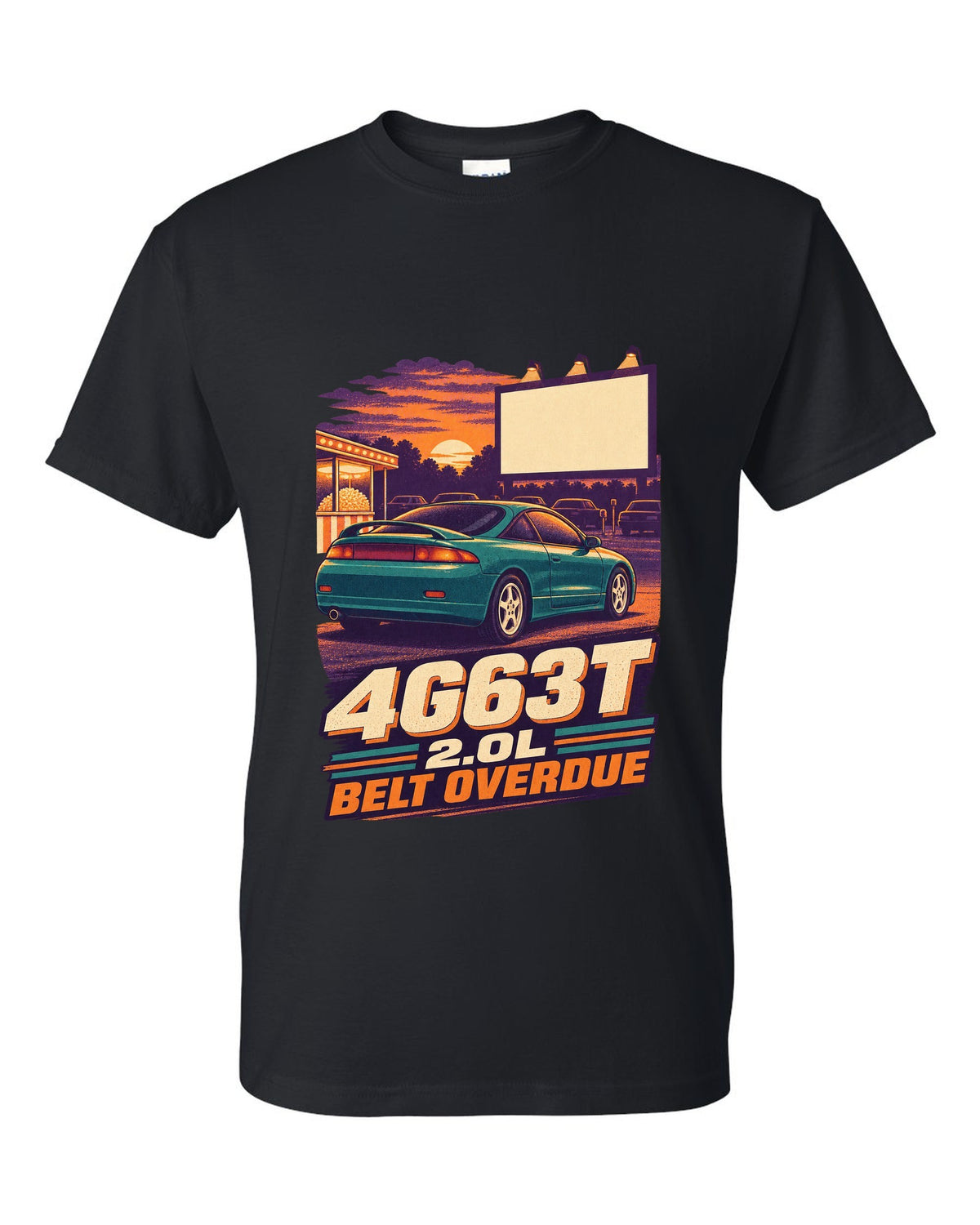 Vintage race-poster lithograph print of a Mitsubishi Eclipse 2G with 4G63T 2.0L belt overdue lettering black t-shirt front view with the design