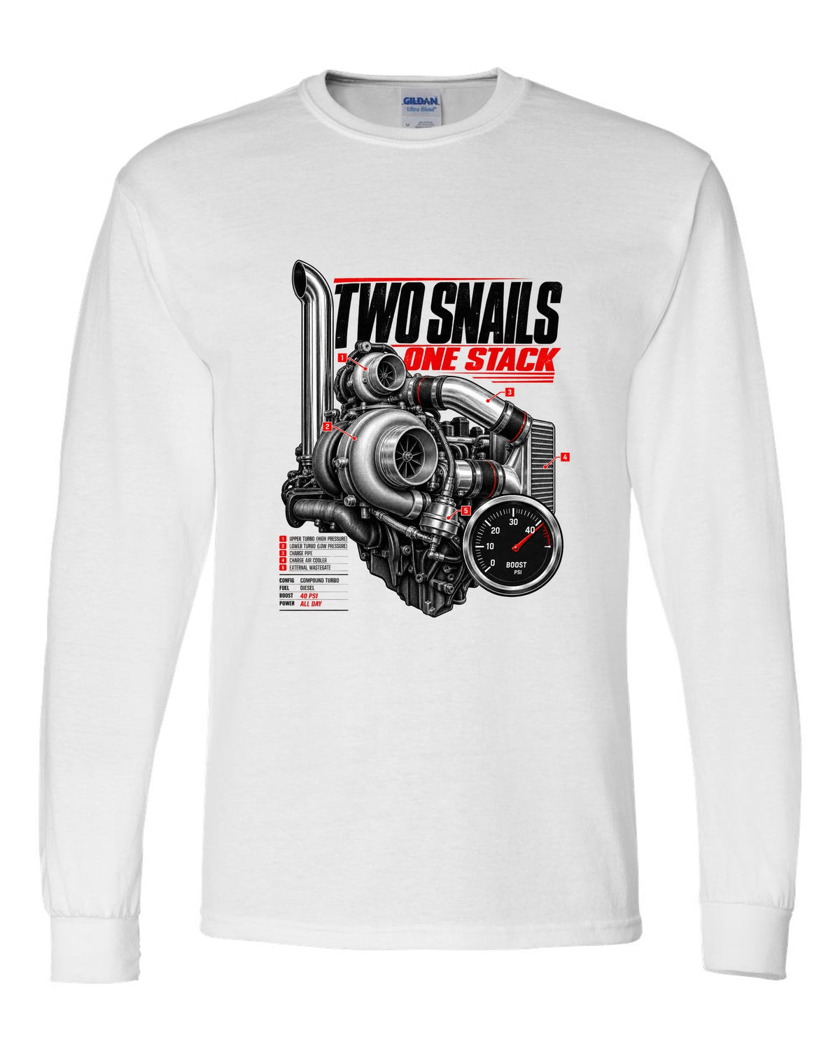 Engine hero print of a compound turbo diesel pickup boost gauge reading 40 psi white long sleeve front view with the design