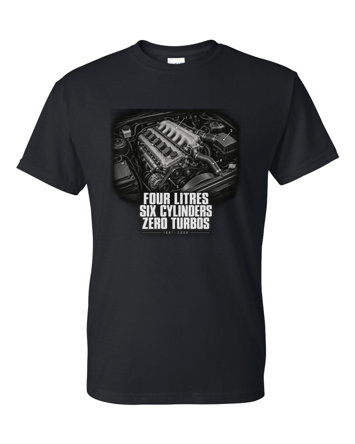 Engine hero print for the Jeep Wrangler TJ, Four Litres Six Cylinders Zero Turbos black t-shirt front view with the design