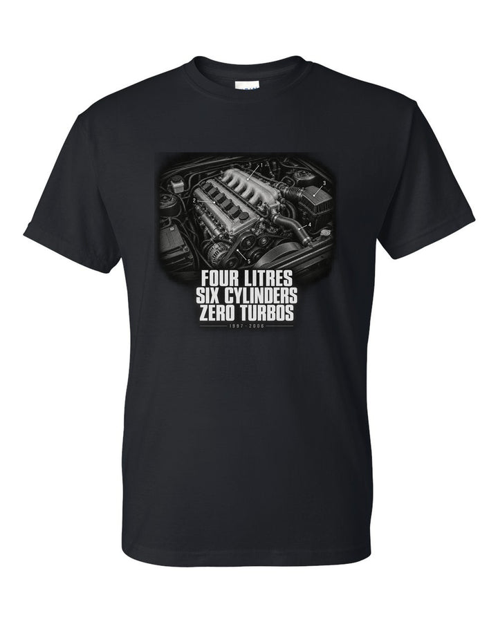 Engine hero print for the Jeep Wrangler TJ, Four Litres Six Cylinders Zero Turbos black t-shirt front view with the design