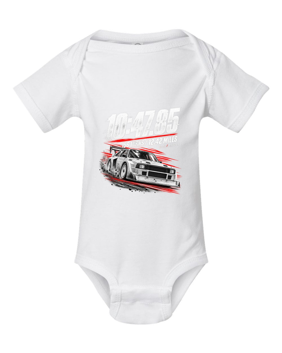 Race poster print of an Audi Sport Quattro S1 E2 with hill climb numbers white baby onesie front view with the design