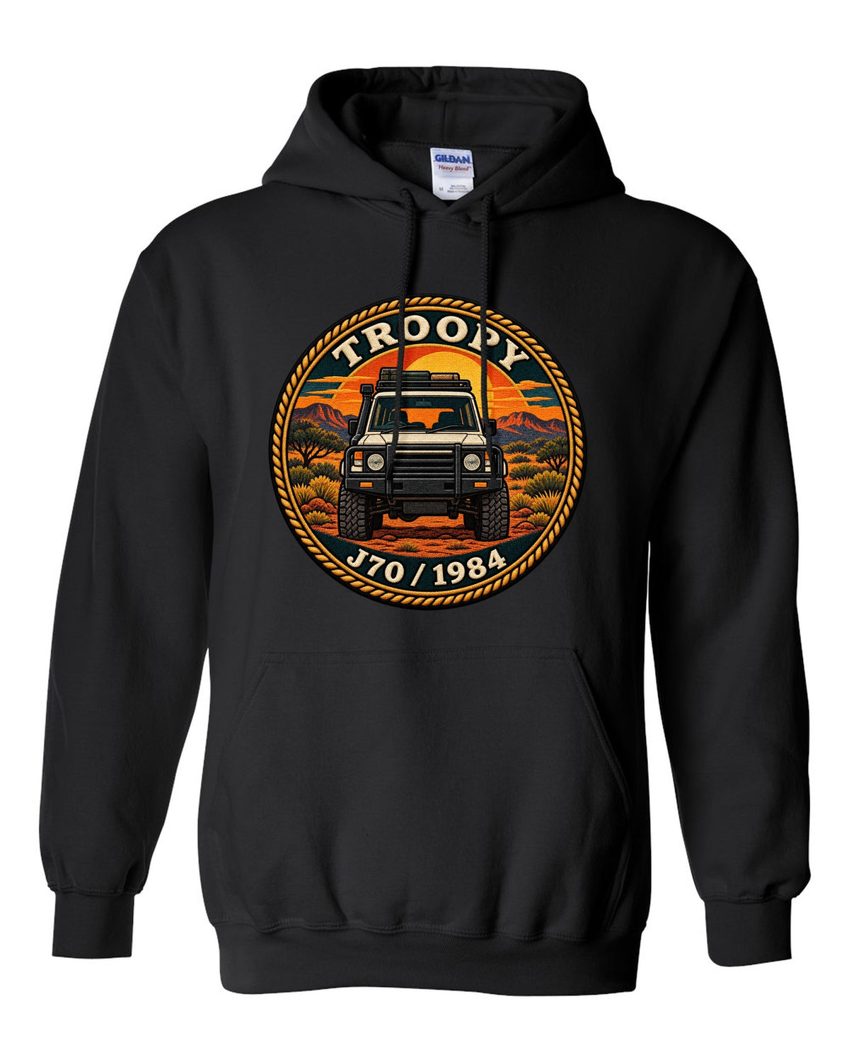 Sunset stamp patch crest of a Toyota Land Cruiser J70 troop carrier with the word Troopy black pull over hoodie front view with the design