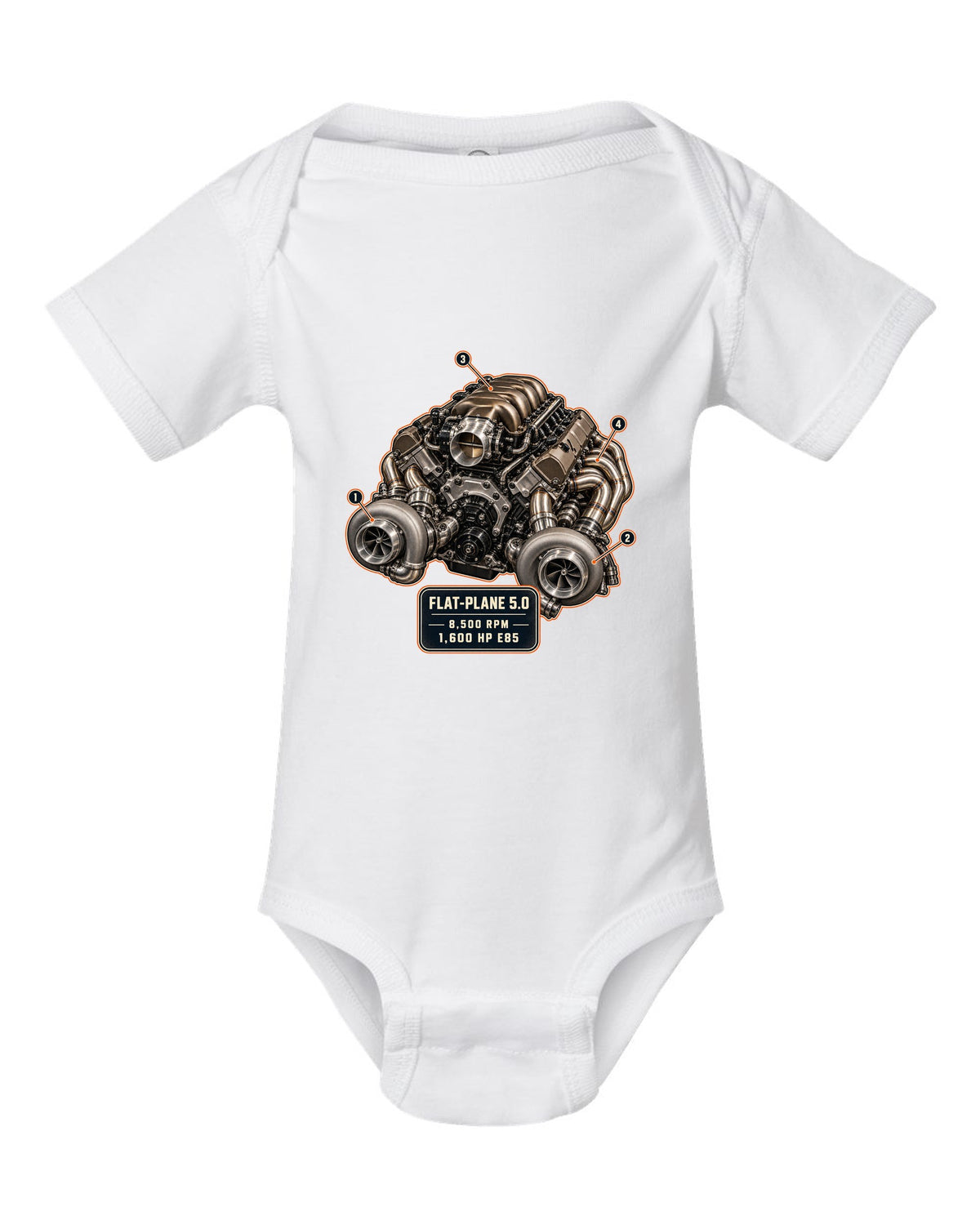 Engine hero illustration of the Koenigsegg Jesko 5.0 litre twin-turbo flat-plane V8, print white baby onesie front view with the design