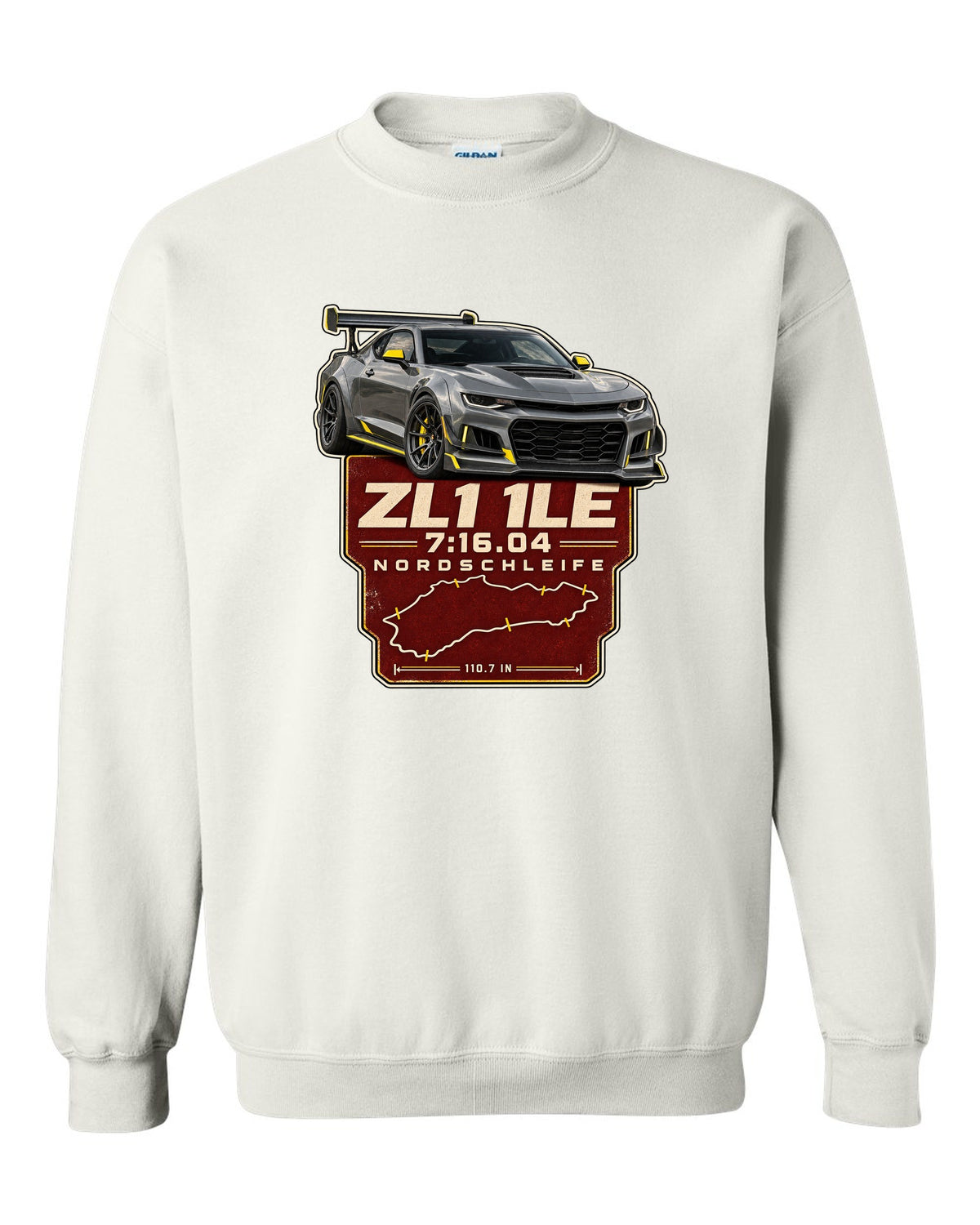 Lap time poster print of a Chevrolet Camaro ZL1 1LE white crewneck front view with the design