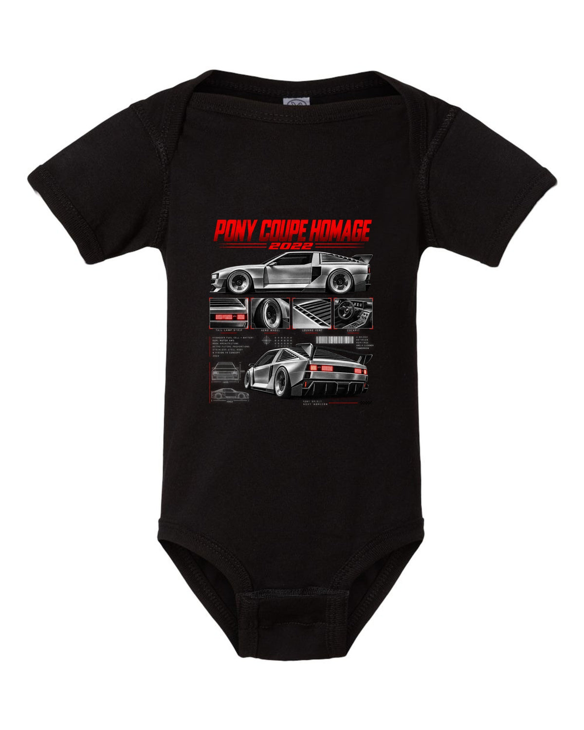 Hyundai N Vision 74 Dossier black baby onesie front view with the design