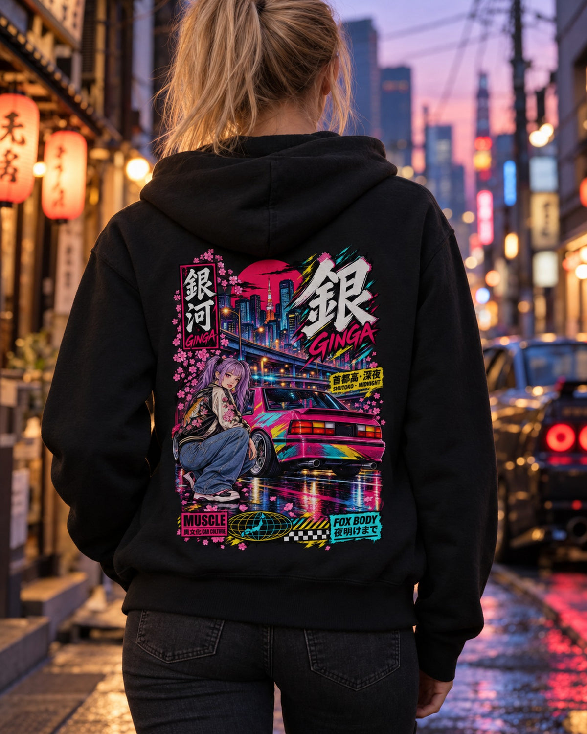 GINGA FOX BODY Anime Girl Full-Back Graphic Tee Zip Hoodie Black worn hero