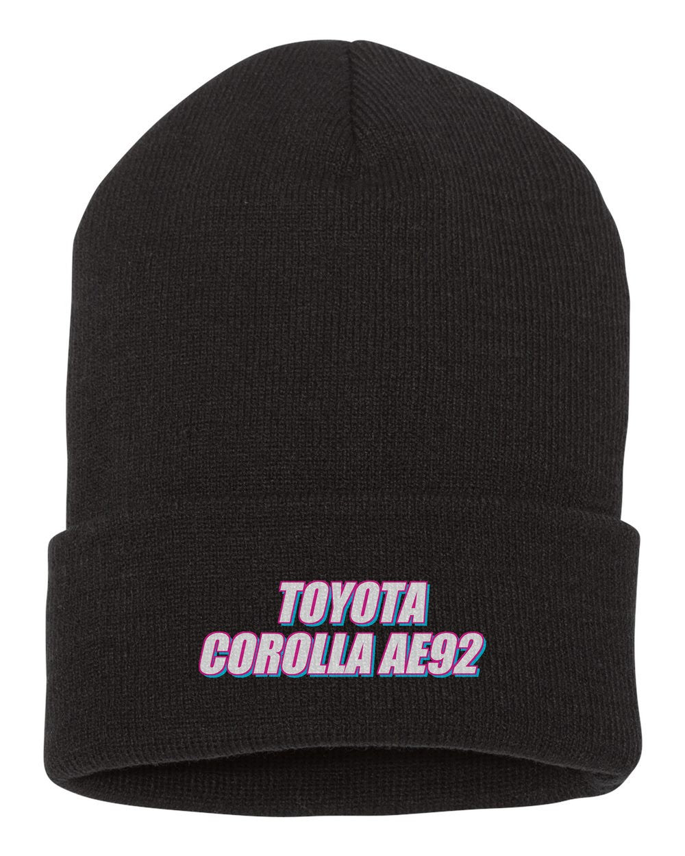 Toyota Corolla Ae92 black beanie front view with car name