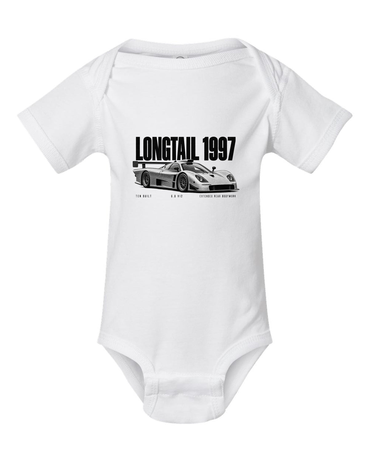 Halftone print of a 1997 McLaren F1 GTR Longtail with extended rear bodywork white baby onesie front view with the design