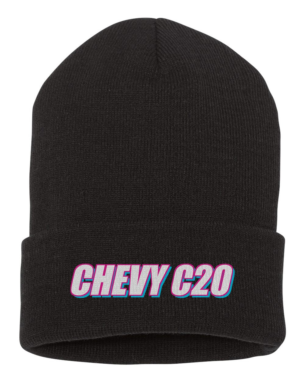Chevy C20 black beanie front view with car name