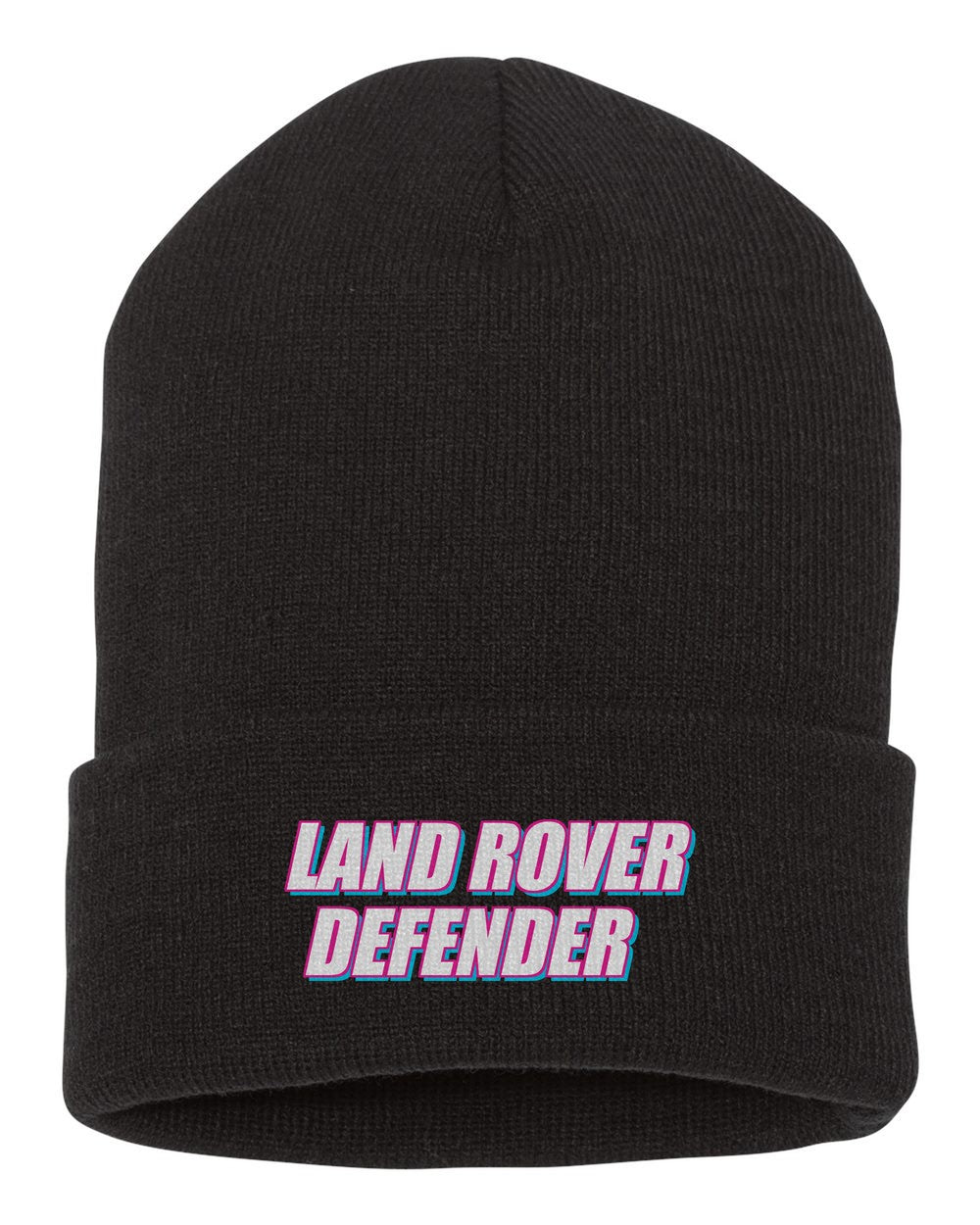 Land Rover Defender black beanie front view with car name