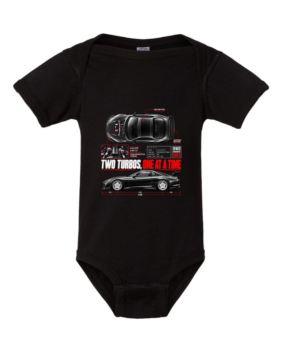 Spec poster print of a Toyota Supra A80 JZA80 with 2JZ-GTE lettering black baby onesie front view with the design