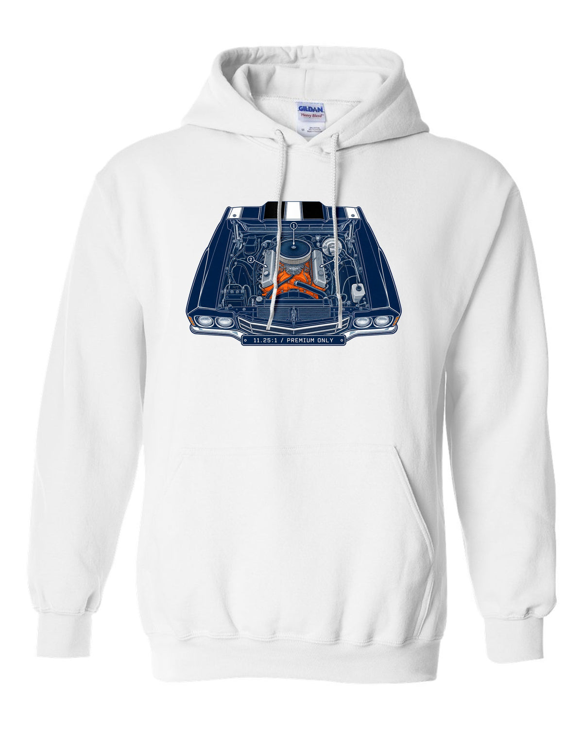 Patent blueprint drawing with numbered callouts of a 1970 Chevrolet Chevelle SS LS6 engine bay white pull over hoodie front view with the design