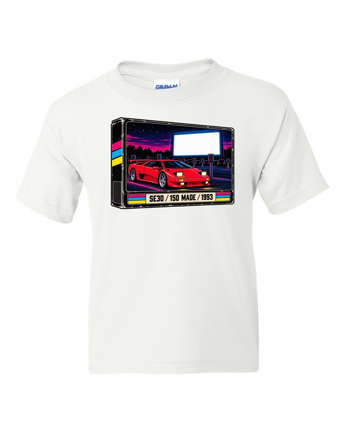 VHS cassette packaging style print of a 1993 Lamborghini Diablo SE30 with 150 made lettering white kids tee front view with the design