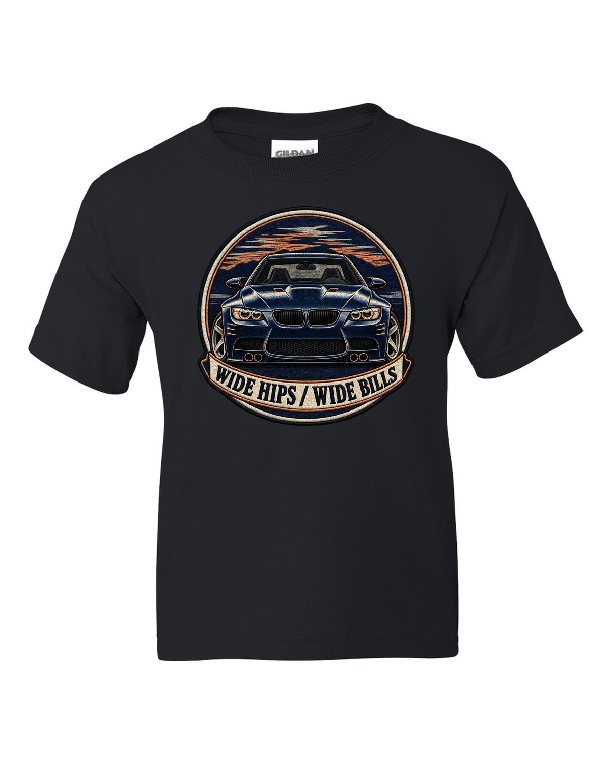 Varsity crest style print of a BMW E92 M3 coupe with wide hips wide bills text black kids tee front view with the design