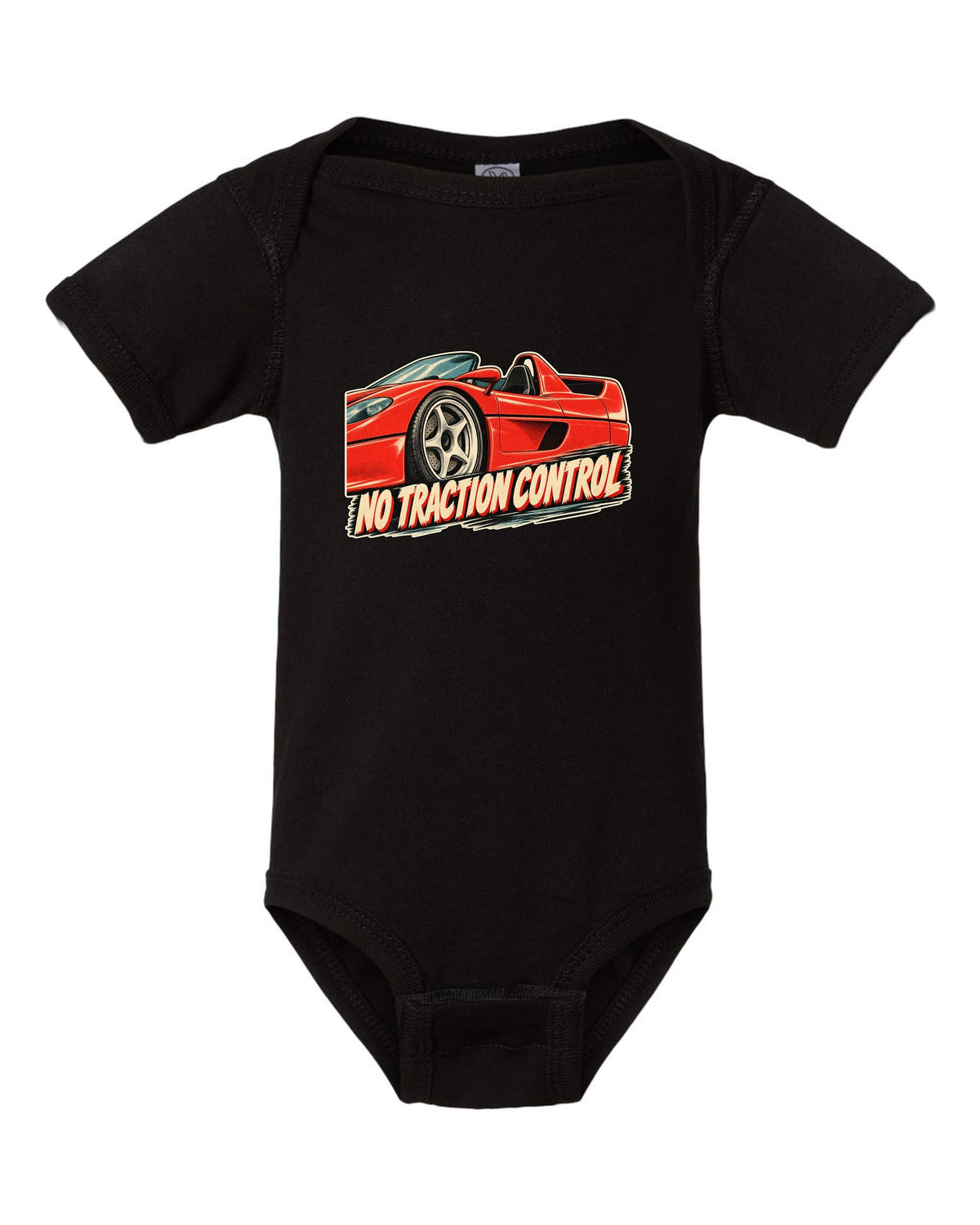 Retro Japanese showa advert style print of a 1995 Ferrari F50 F130 with no traction control text black baby onesie front view with the design