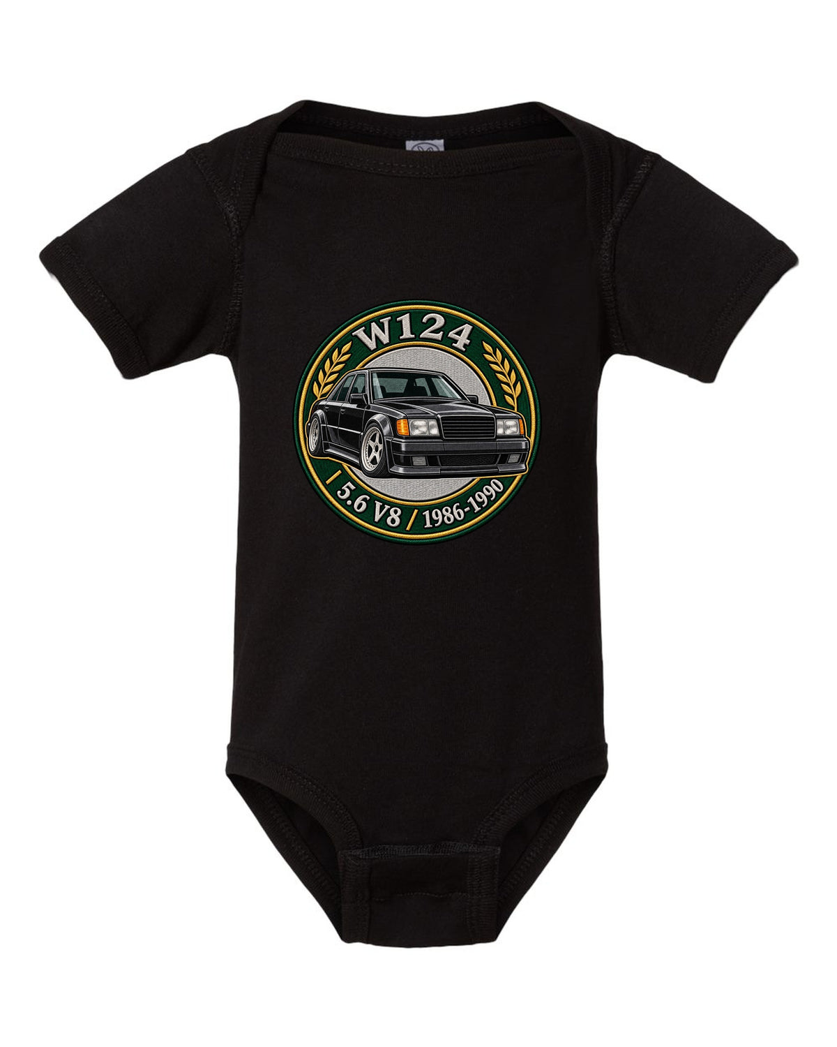 Stencil spray street art of a Mercedes 300E Hammer W124 with the word SLEEPER black baby onesie front view with the design
