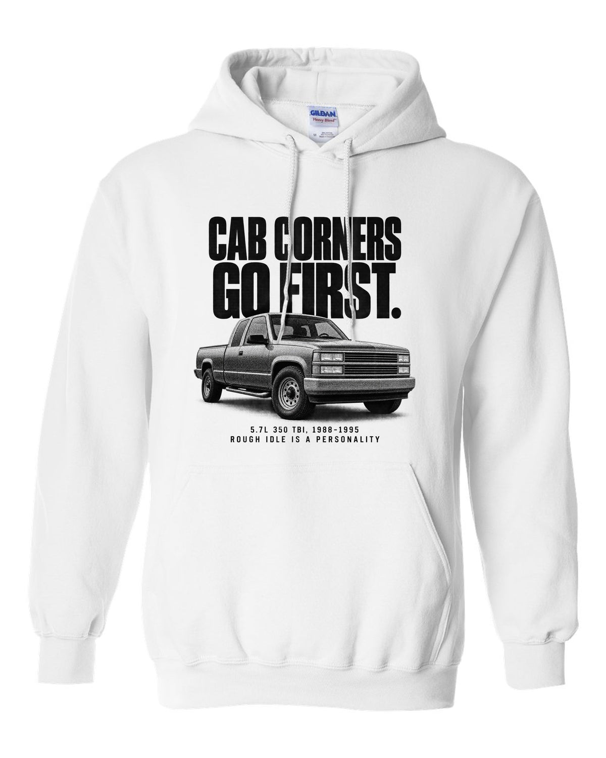 Halftone print of a 1988-98 Chevrolet GMT400 C1500 OBS with 5.7L 350 TBI text white pull over hoodie front view with the design