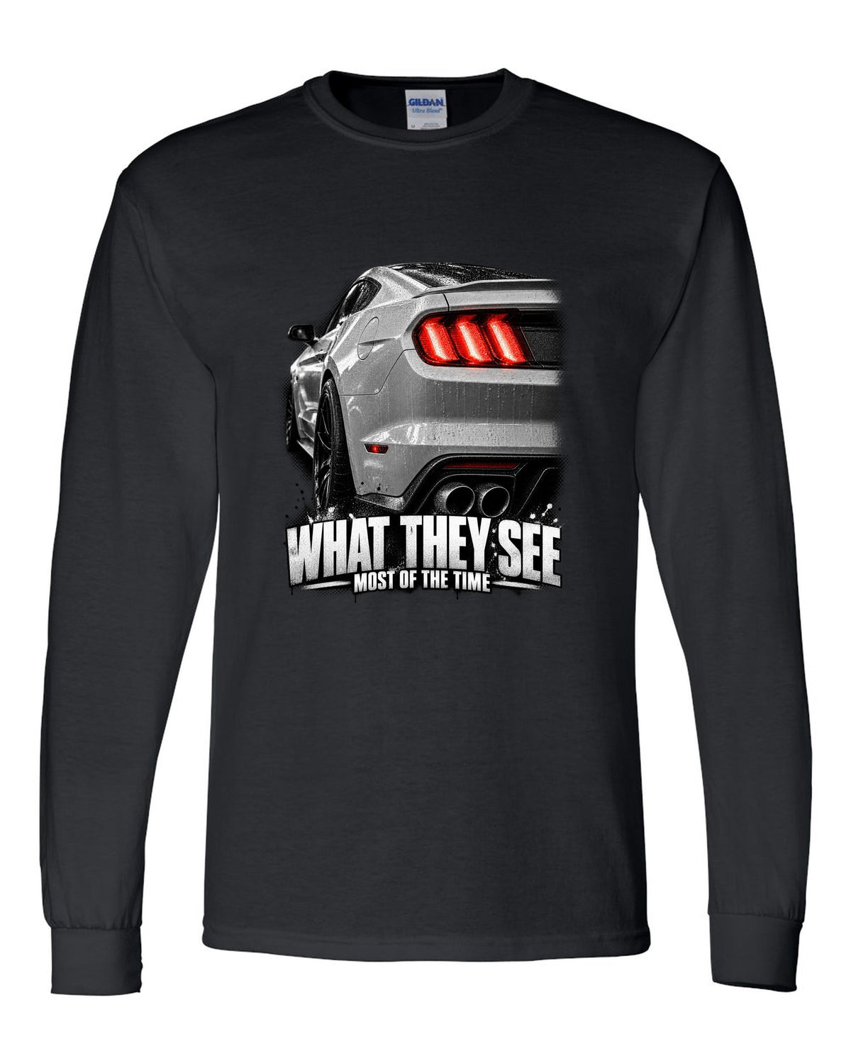 Macro print of a 2015-17 Ford Mustang S550 GT taillight black long sleeve front view with the design
