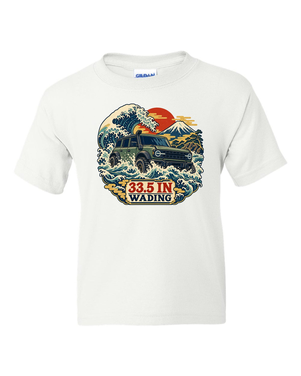 Ford Bronco 6G four-door with snorkel wading a wave in an ukiyo-e print white kids tee front view with the design