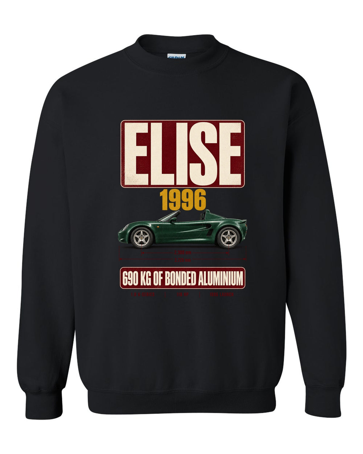 Lotus Elise Series 1 open roadster archive panel print with 1996 and 690 kg bonded aluminium text black crewneck front view with the design