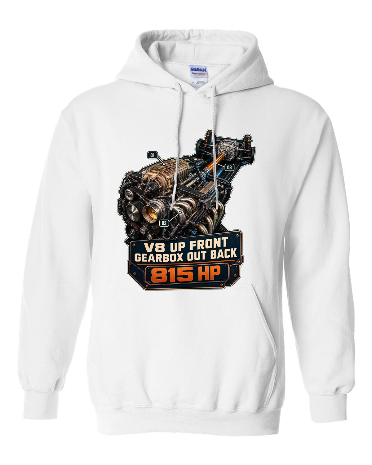 print of a Mustang GTD supercharged V8 engine with V8 up front gearbox out back text white pull over hoodie front view with the design