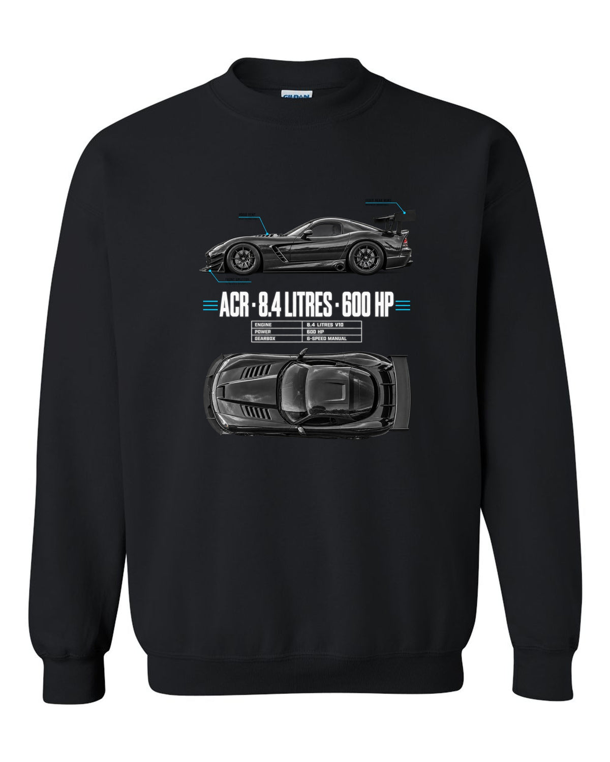 2008 Dodge Viper ACR ZB II top-down and profile spec poster print black crewneck front view with the design