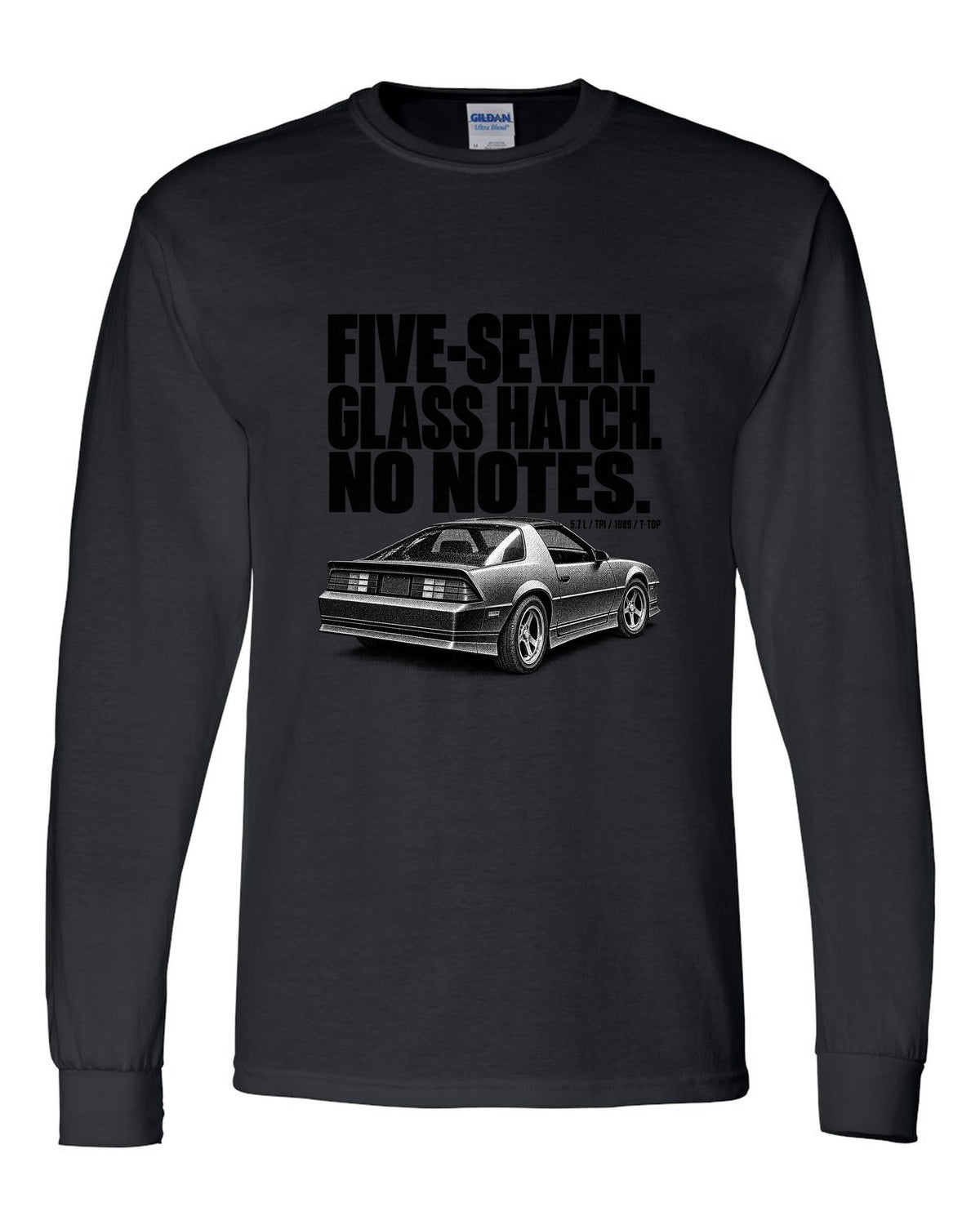 Halftone print of a 1989 Chevrolet Camaro IROC-Z glass ch with five-seven text black long sleeve front view with the design