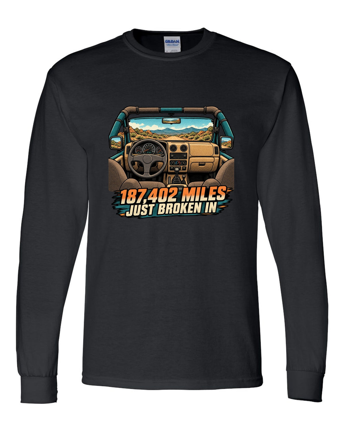 Halftone manga panel of a sun-faded Jeep Wrangler TJ dashboard with 187,402 MILES JUST BROKEN IN lettering black long sleeve front view with the design