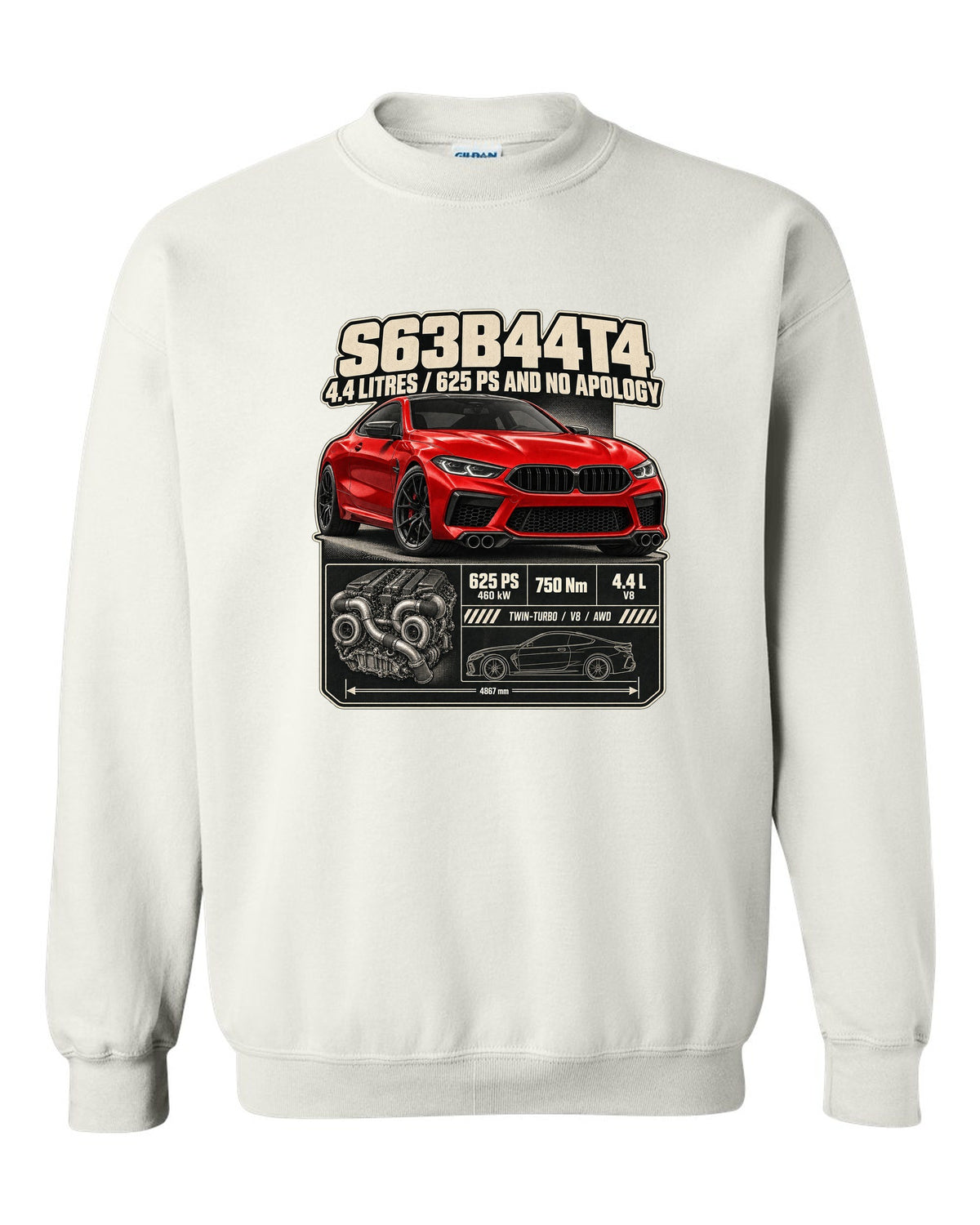 BMW M8 Competition Coupe F92 spec poster print on a tee white crewneck front view with the design
