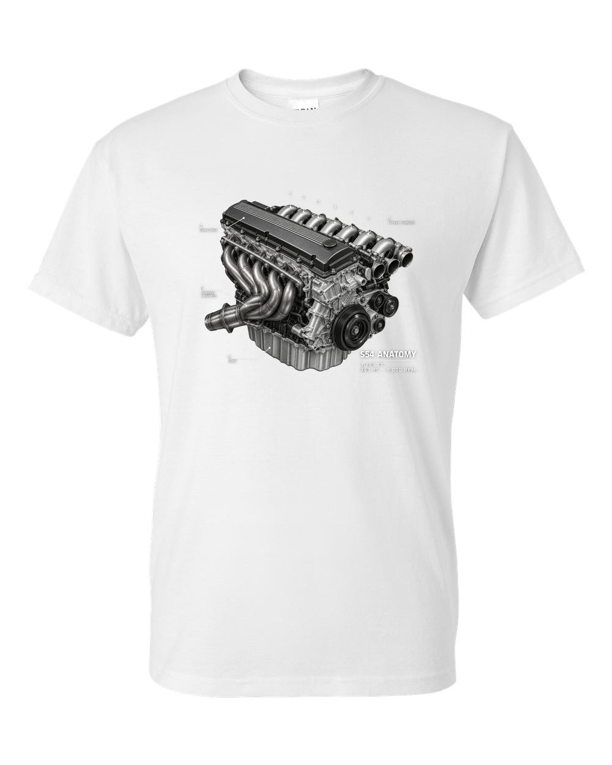 BMW E46 M3 S54 engine anatomy print with 3,246 cc 343 PS and 8,000 rpm text white t-shirt front view with the design