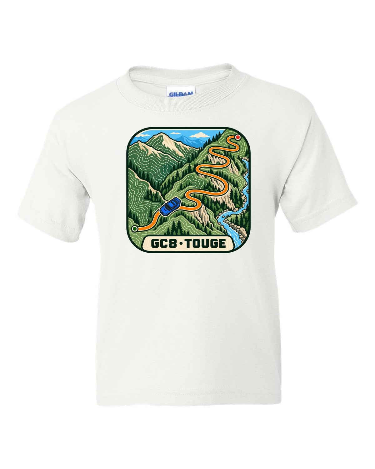 Subaru Impreza WRX GC8 touge route drawn as a topographic contour map, GC8 / TOUGE white kids tee front view with the design