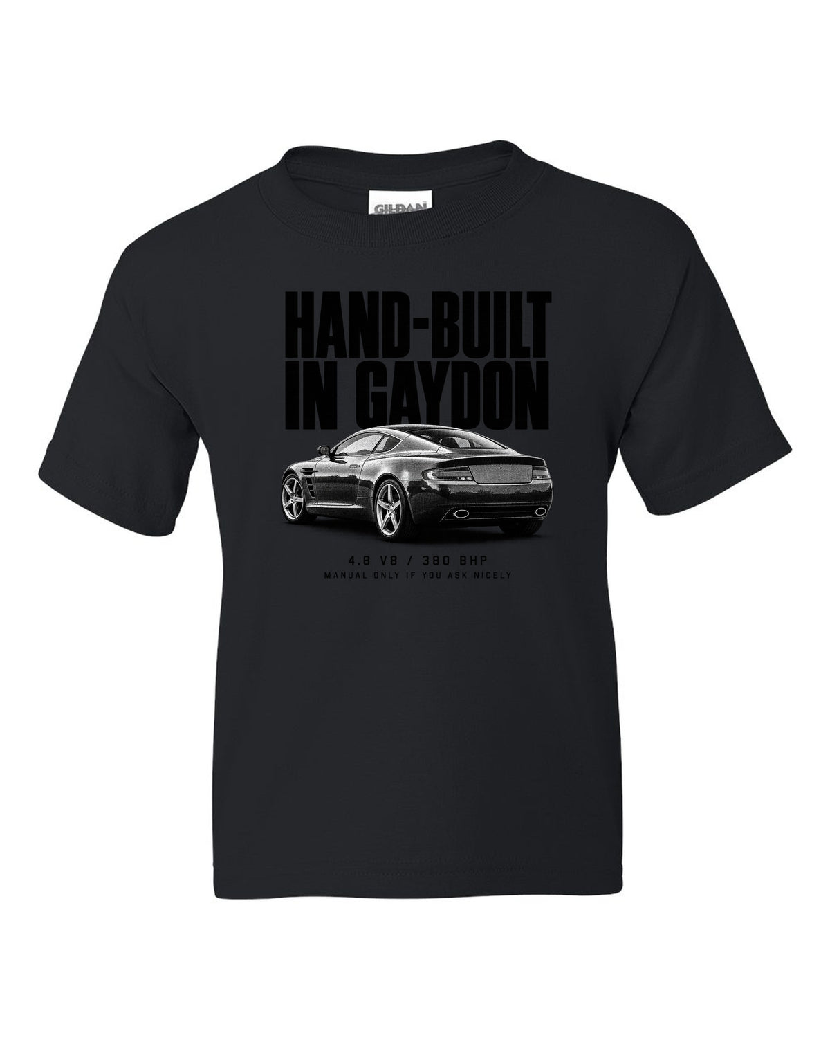 Aston Martin V8 Vantage 2005 halftone print with Gaydon text black kids tee front view with the design