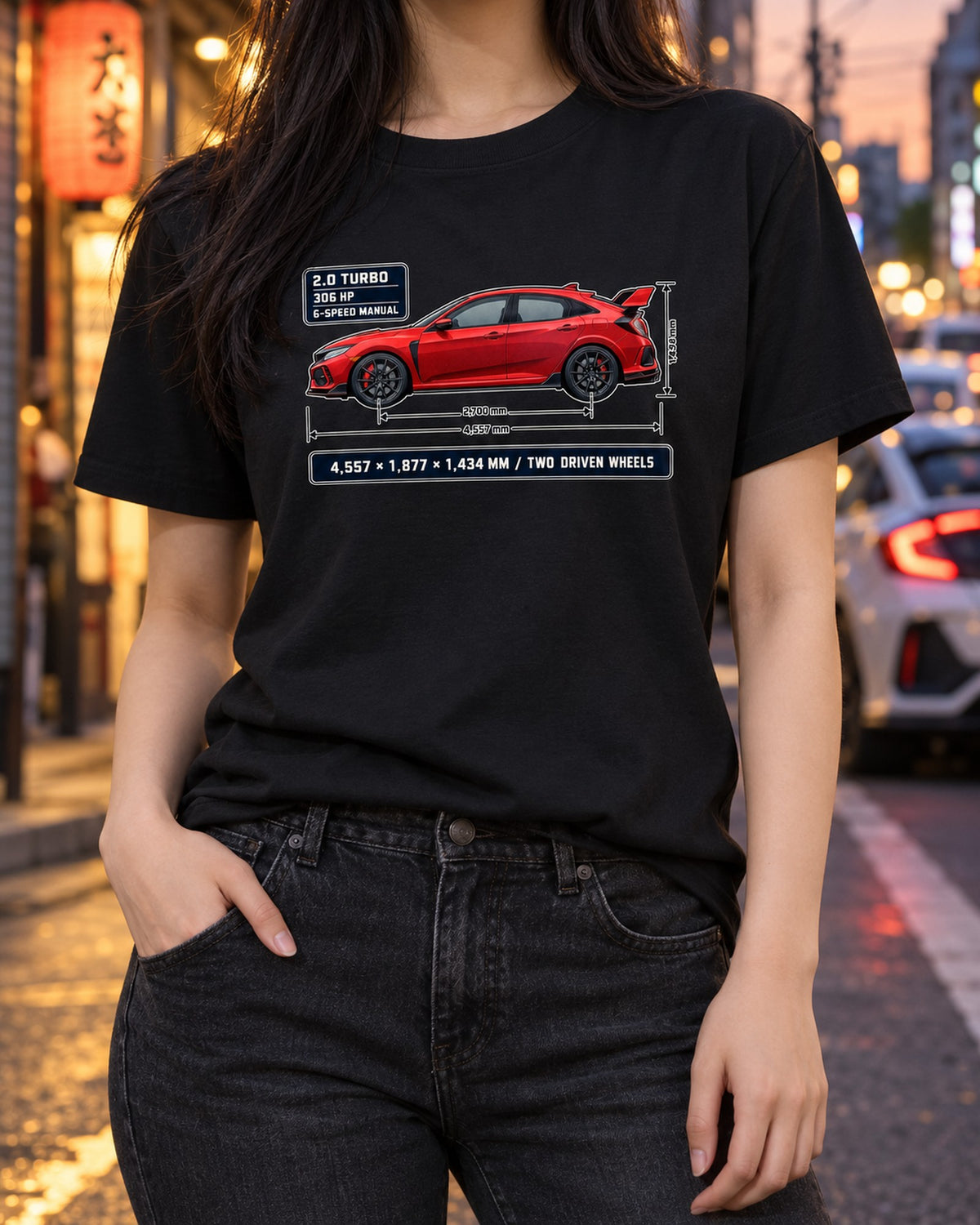 Honda Civic Type R FK8 Rallye Red Dimension Blueprint Tee T-Shirt Black worn hero