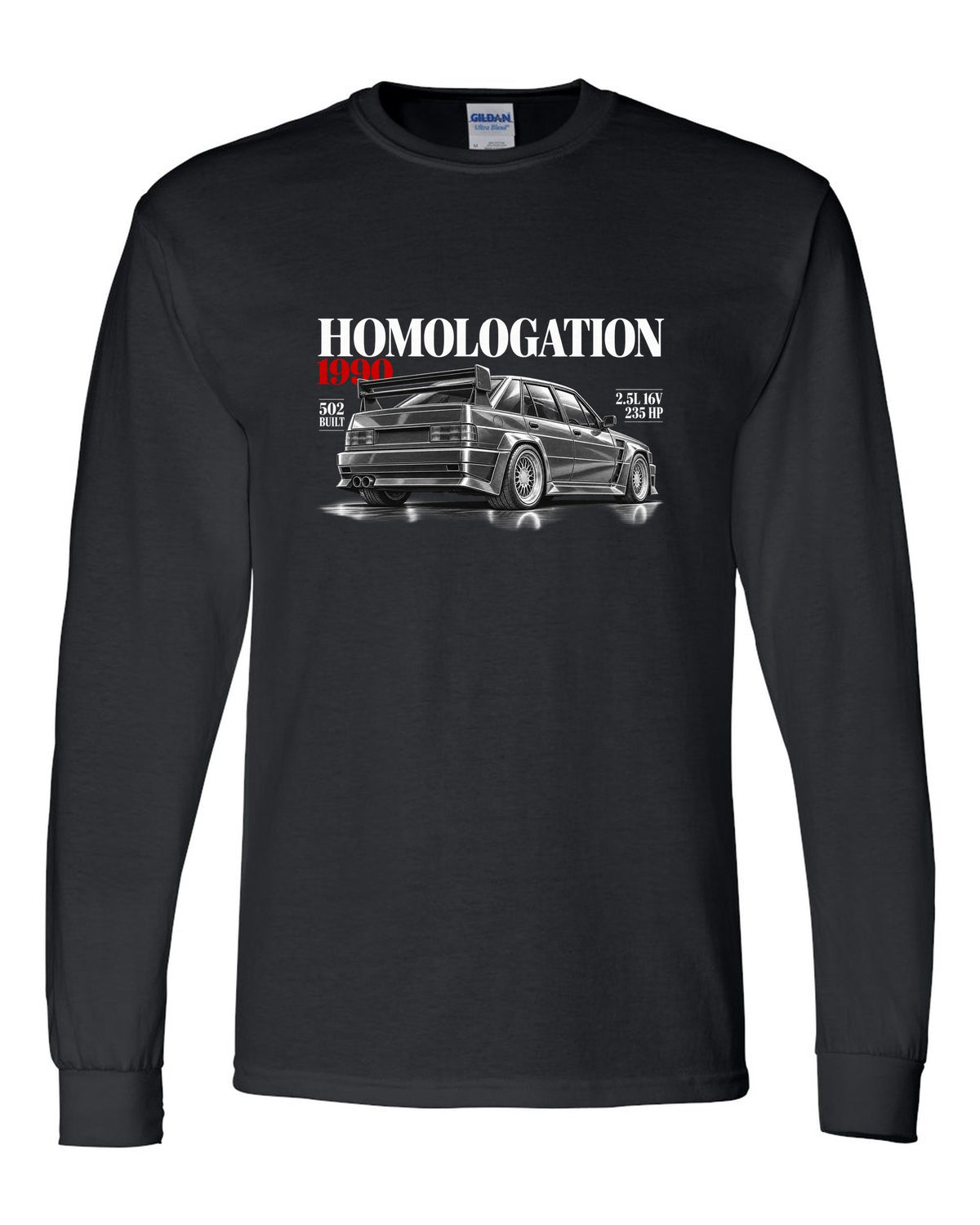 print editorial headline of a Mercedes 190E 2.5-16 Evolution II W201 with homologation 1990 502 built black long sleeve front view with the design