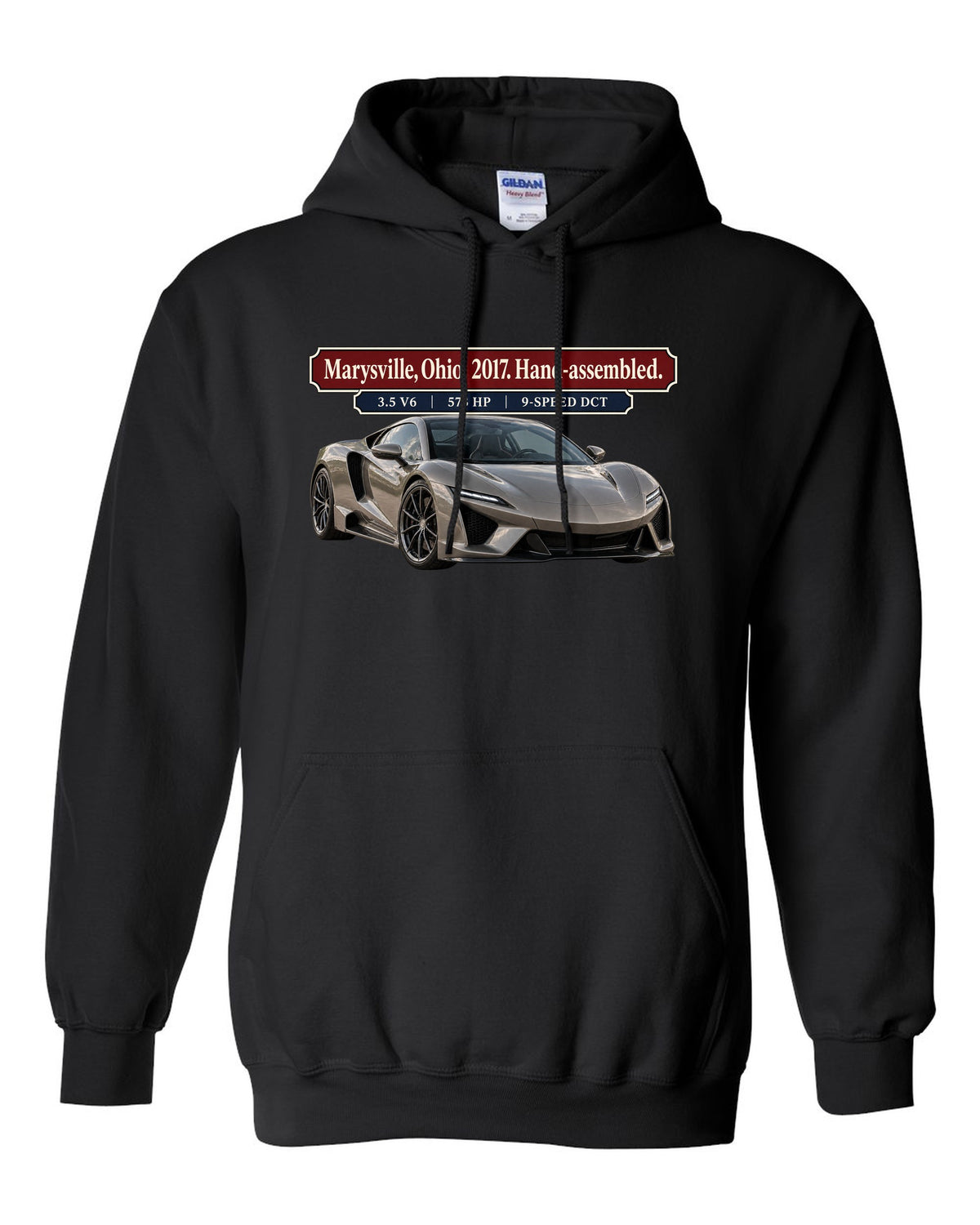 Archive panel print of a 2017 Acura NSX NC1 launch car in warm grey black pull over hoodie front view with the design
