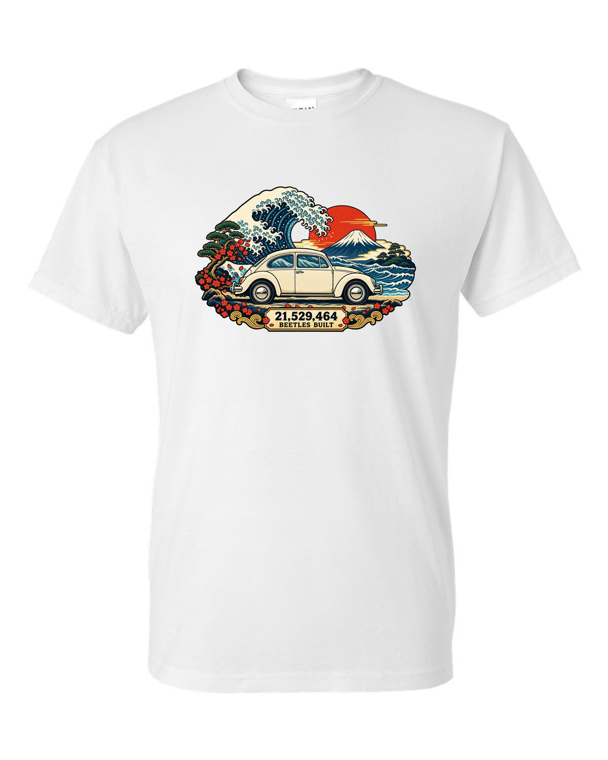 Ukiyo-e woodblock wave print of a VW Beetle Type 1 with 21,529,464 Beetles built text white t-shirt front view with the design