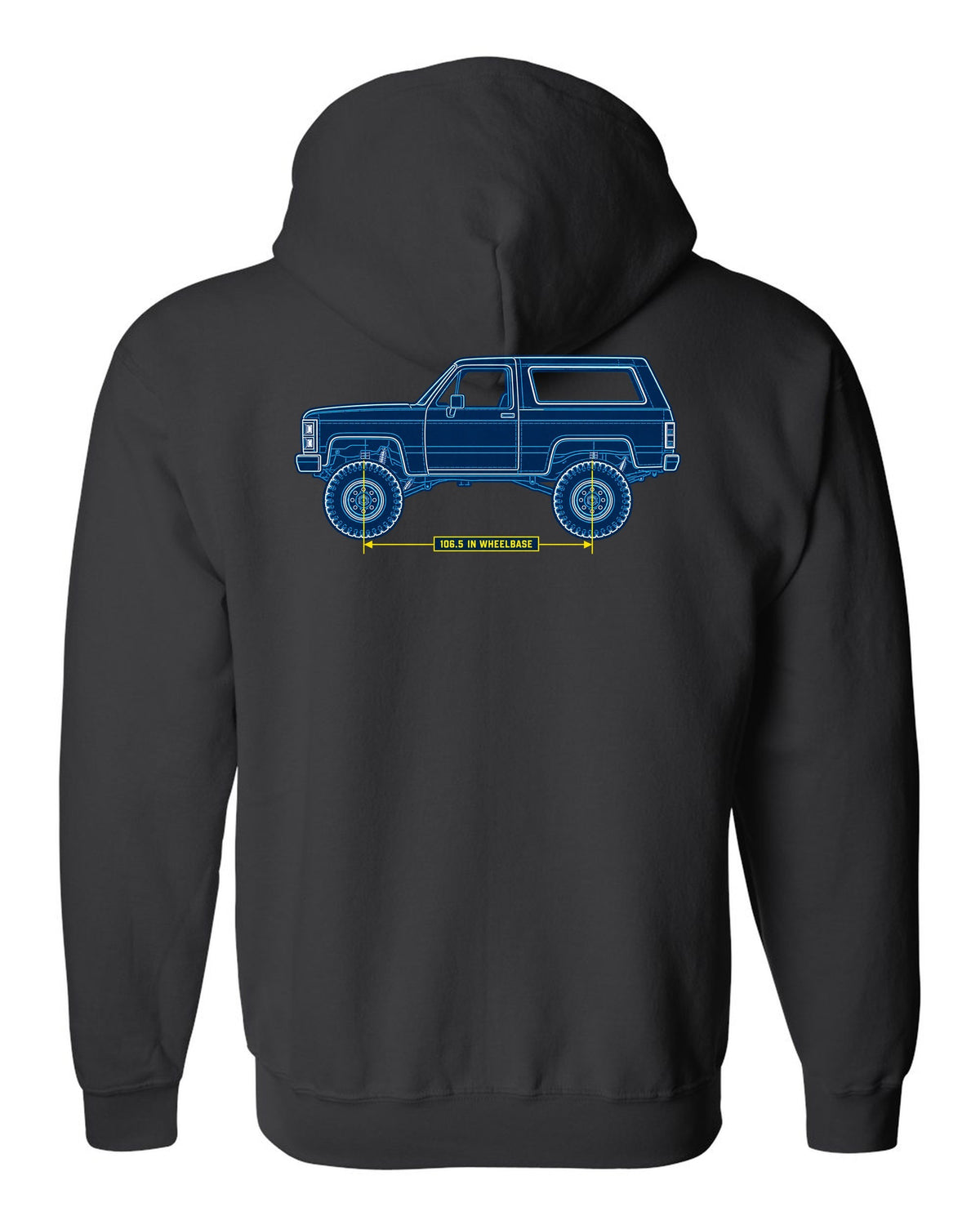 Chevrolet K5 Blazer Blueprint Side View black zip hoodie back view with the design