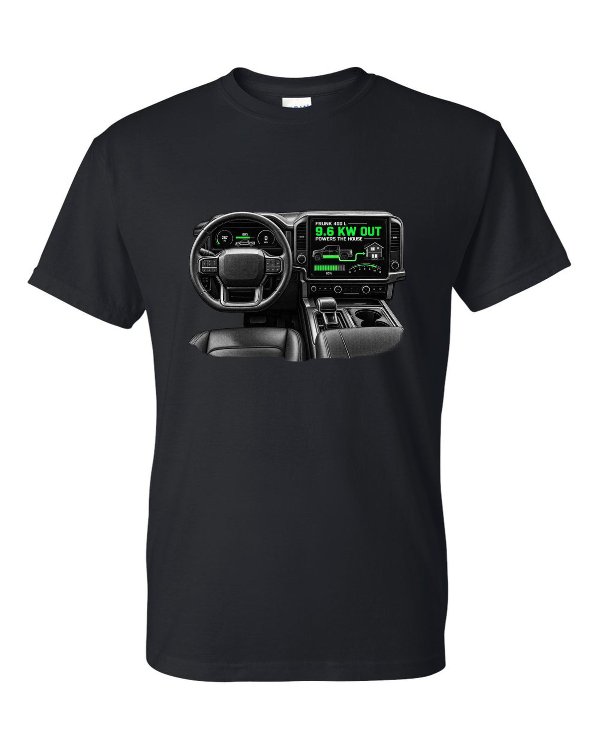 Ford F-150 Lightning 2022 interior centre screen crop with frunk readout black t-shirt front view with the design