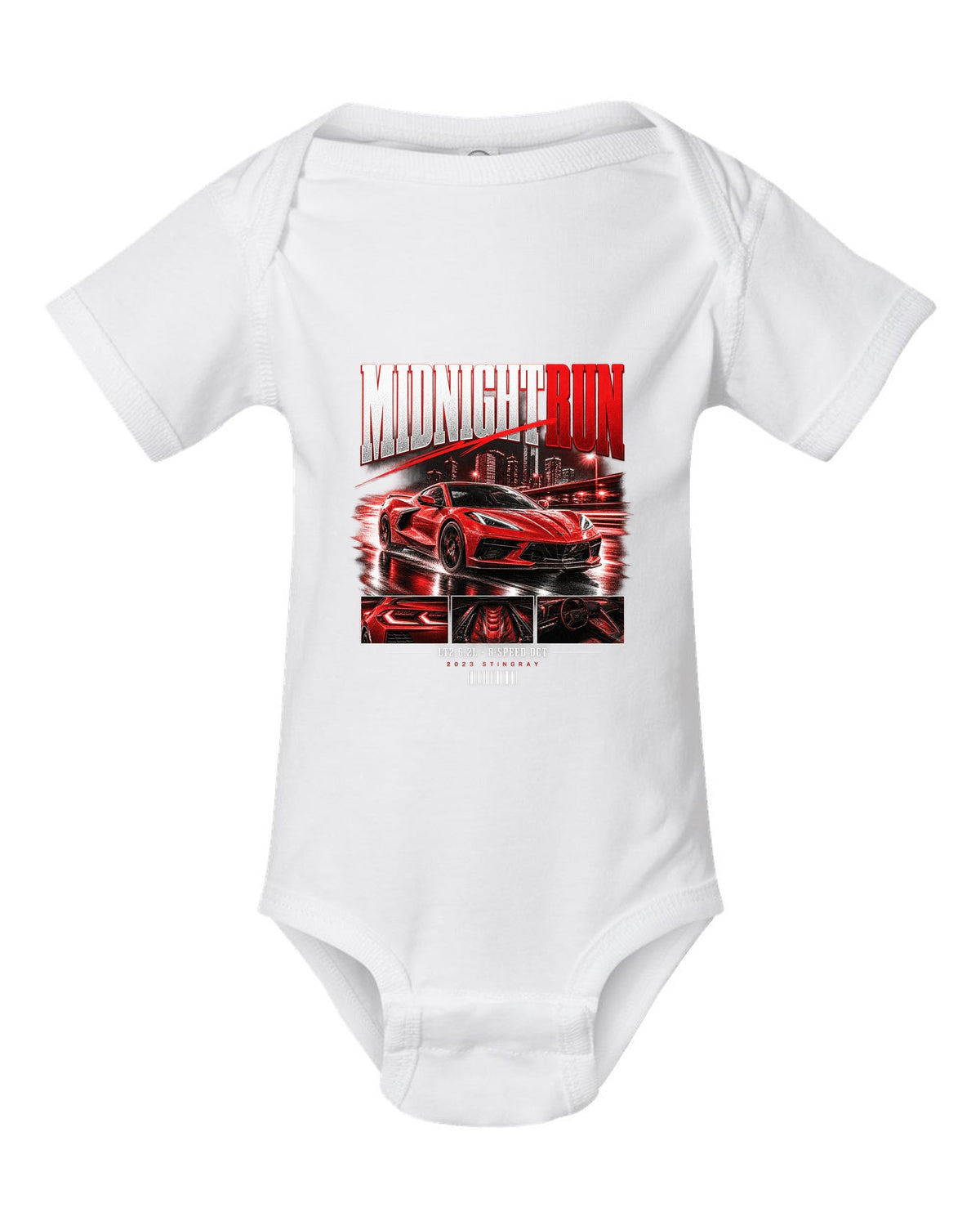 Corvette C8 Stingray 2023 widebody street poster Midnight Run white baby onesie front view with the design
