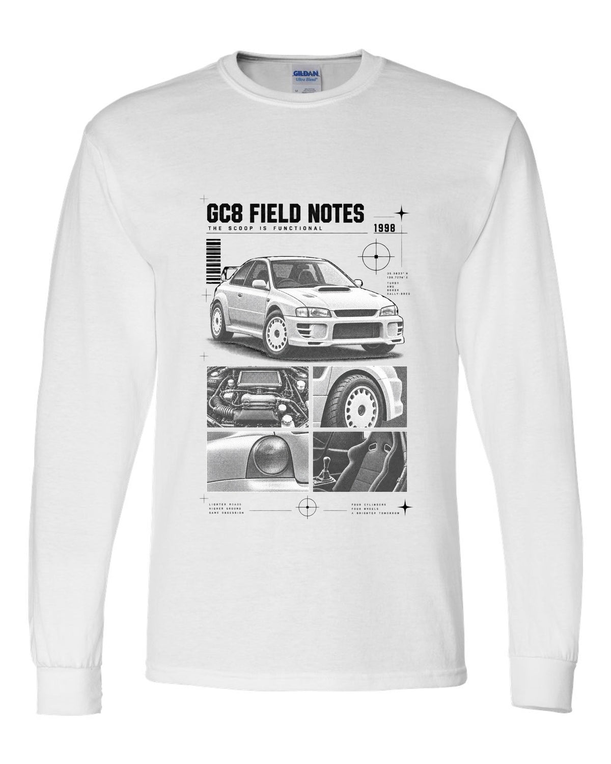 Subaru Impreza WRX GC8 coupe 1998 field notes dossier panels white long sleeve front view with the design