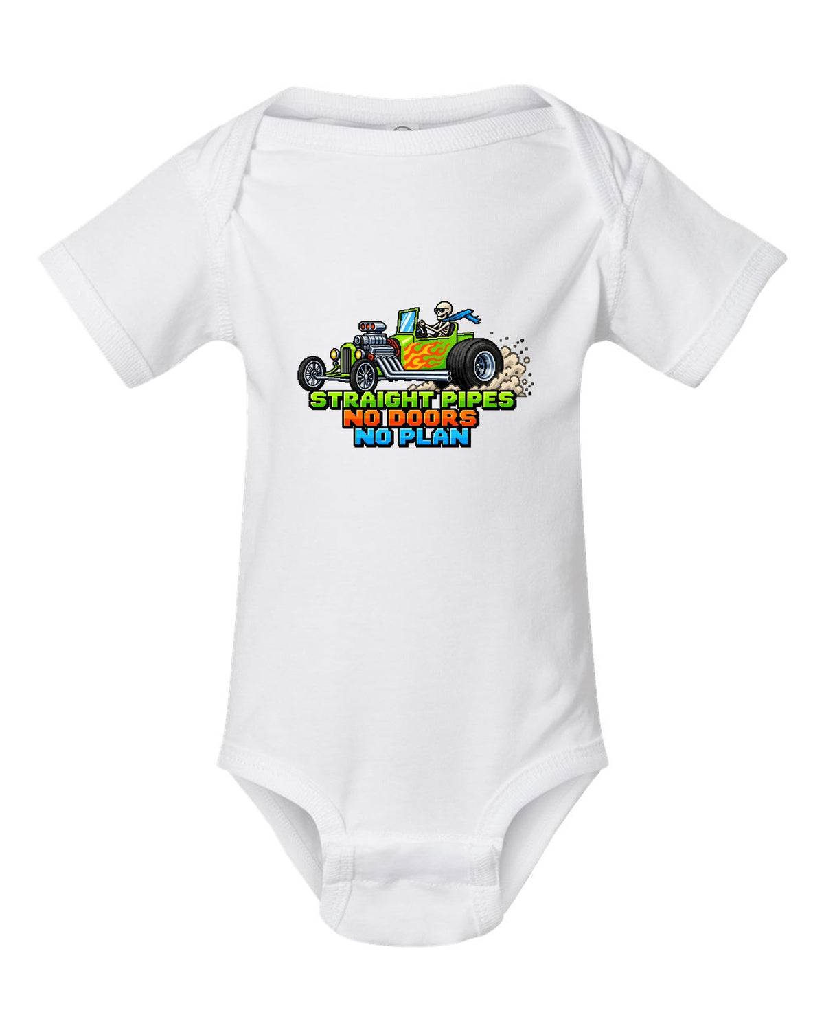 8/16-bit pixel art print of a Ford T-bucket hot rod with Straight Pipes No Doors lettering white baby onesie front view with the design