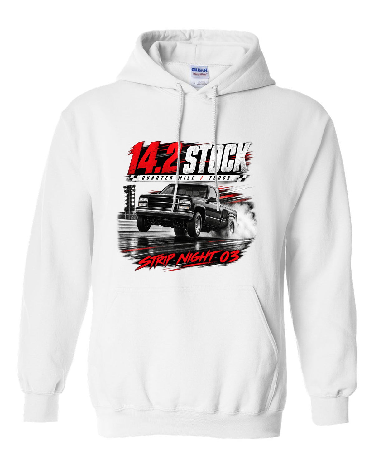 Race poster print of a 1993-95 Ford F-150 SVT Lightning with 14.2 quarter mile text white pull over hoodie front view with the design