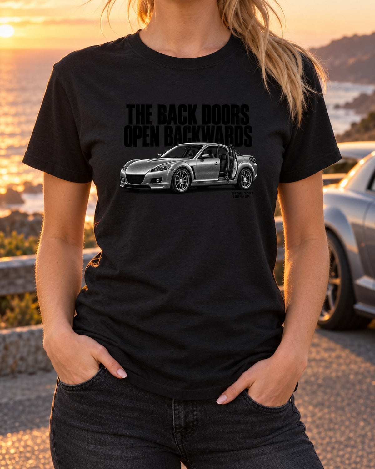 Mazda RX-8 SE3P Rear Doors Halftone Tee, Open Backwards T-Shirt Black worn hero