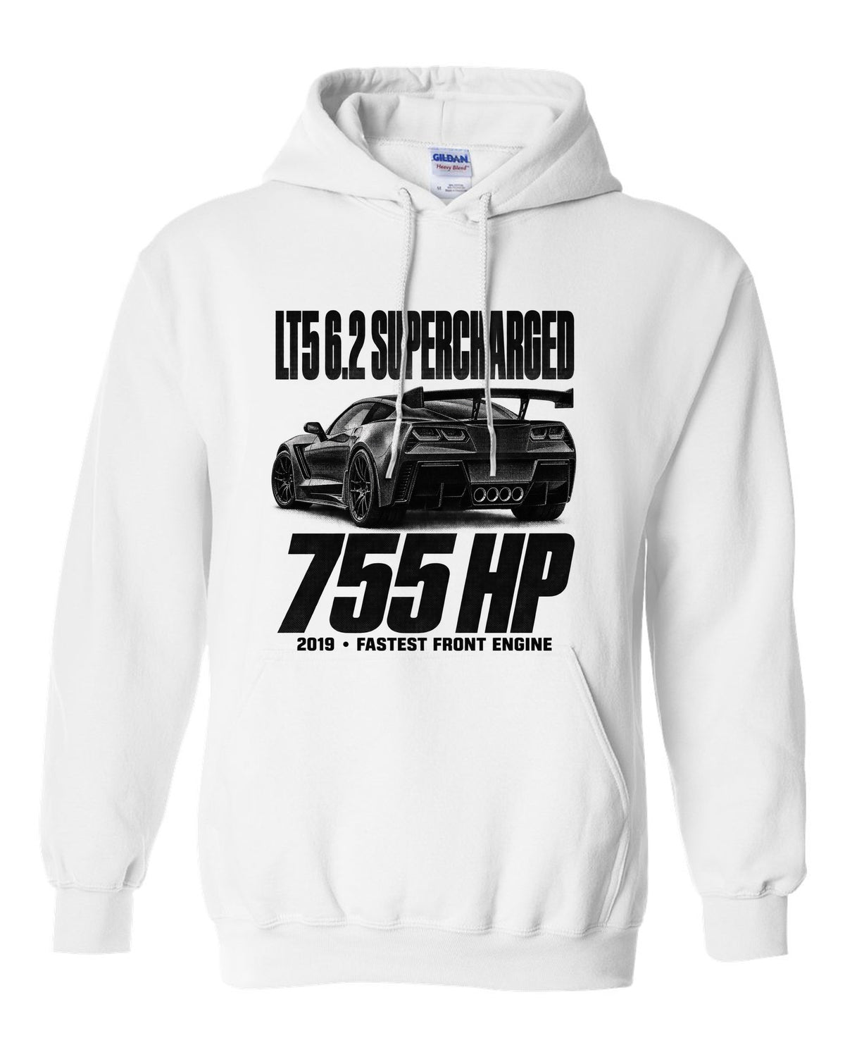 Corvette C7 ZR1 2019 halftone print with rear wing and vents white pull over hoodie front view with the design