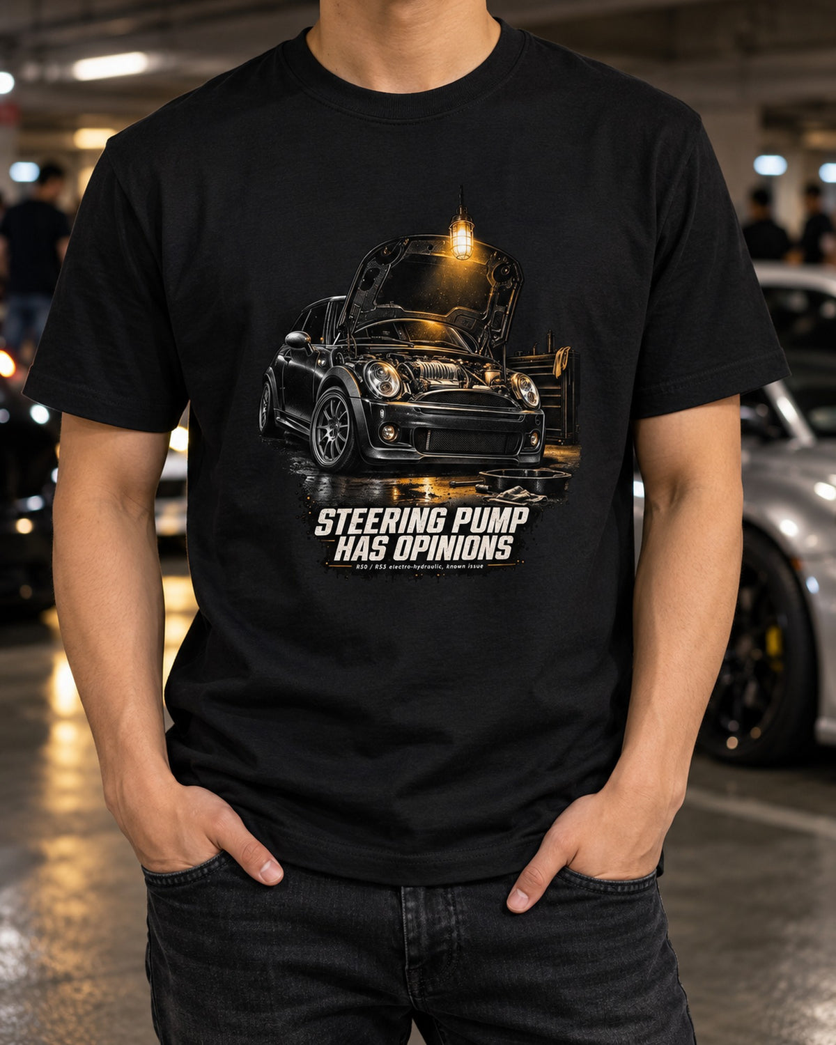Mini Cooper S R53 Garage Night Shirt, Steering Pump Has Opinions T-Shirt Black worn hero